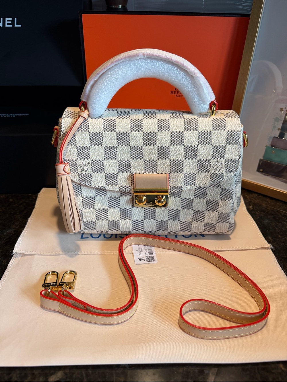 Cream Checkered Satchel with Red Trim GHW